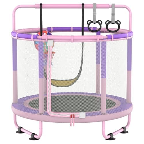 LANGXUN 60" Trampoline for Kids, 5ft Toddler Mini 6-in-1 Trampoline Indoor Outdoor with Swing, Basketball Hoop, Dart Board, Gymnastics Bar, Rings, Christmas Toys Birthday Gifts for Girls Boys Age 1-8 - Image 1