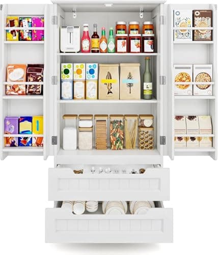 Gizoon Kitchen Pantry Storage Cabinet with Drawers Freestanding Bathroom Storage Cabinets with Doors and Shelves, 47" Small Food Pantry Cabinet for Dining Room Craft Room, White - Image 1