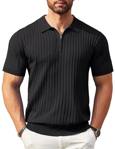COOFANDY Men's Zipper Polo Shirts Short Sleeve Ribbed Knit Polo T Shirts Fashion Casual Golf Shirts Black - Image 1