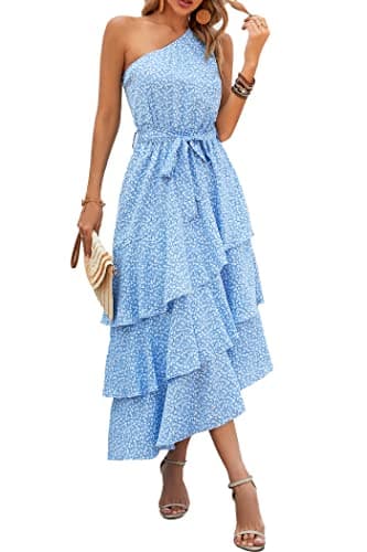 PRETTYGARDEN Women's Summer Floral Sundress Casual One Shoulder Tiered Ruffle Flowy Midi Beach Boho Dresses (Floral Light Blue,X-Large) - Image 1