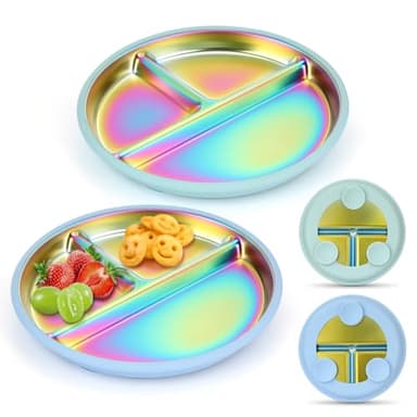 AIEVE Stainless Steel Kids Dinnerware Plates with Suction,2 Pack Round Divided Toddler Plates 9 inch with Removable Silicone Suction - Image 1