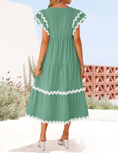 ZESICA Womens 2025 Summer Casual Midi Dresses V Neck Flutter Short Sleeve Ruffle Tiered A Line Flowy Beach Long Dress,Sage,Small - Image 4