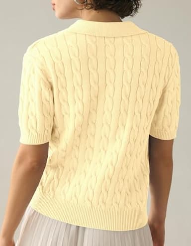 Imily Bela Women's Cable Short Sleeve Sweaters Tops Solid Lapel V Neck Knit Casual Soft Pullover Shirt Light Yellow - Image 3