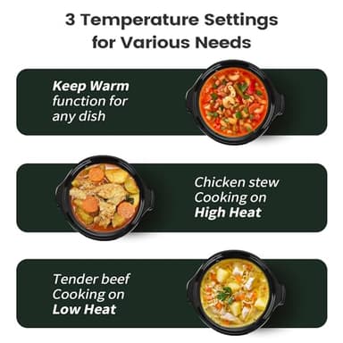 KOOC Small Slow Cooker, 2-Quart, Free Liners Included for Easy Clean-up, Upgraded Ceramic Pot, Adjustable Temp, Nutrient Loss Reduction, Stainless Steel, Black, Round… - Image 4