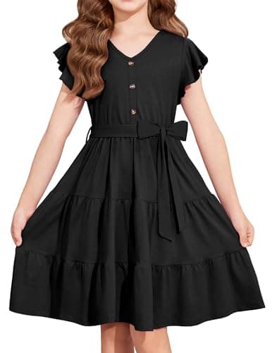 Arshiner Girls Dress Short Sleeve Summer V Neck Button Removable Belt Dresses with Pockets 7-8 Years Black - Image 1