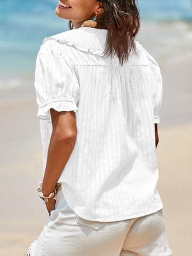 Tankaneo Womens Puff Sleeve Shirts Peter Pan Collar Button Down Cotton Blouse Casual Summer Textured Tops White - Image 5