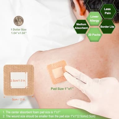 NeuHeils Silicone Foam Dressing Gentle Border Lite 2''x2'', Pad Size 1''x1'', 20 Pack for Small Bed Sore Pressure Ulcer Wound Bandages Patches - Image 3