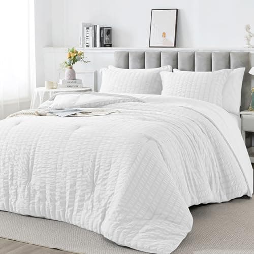 HYLEORY Queen Size Seersucker Comforter Set - 7 Pieces Reversible Comforters Bedding Sets, All Season Bed in a Bag with Comforter, Sheets, Pillowcases & Shams White - Image 1
