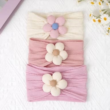 CÉLLOT 3 Pcs Baby Girl Headbands with Flower Nylon Headbands Soft Stretchy Headwear Hair Accessories for Newborn Infant Toddler Kids (Pink Beige Salmon) - Image 4