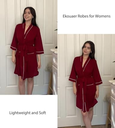 Ekouaer Women Robes Waffle Knee Length Bathrobe Lightweight Soft Sleepwear V neck 3/4 Sleeve Casual Ladies Loungewear Wine Red S - Image 2