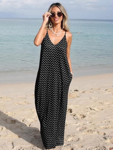 Poetsky Summer Dresses for Women Casual V Neck Spaghetti Strap Long Dresses Black Print M - Image 2