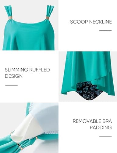 SUUKSESS Women Ruffle High Waisted Tankini Swimsuits Slimming Tummy Control Bathing Suits 2 Piece (Aqua Blue Floral, L) - Image 3