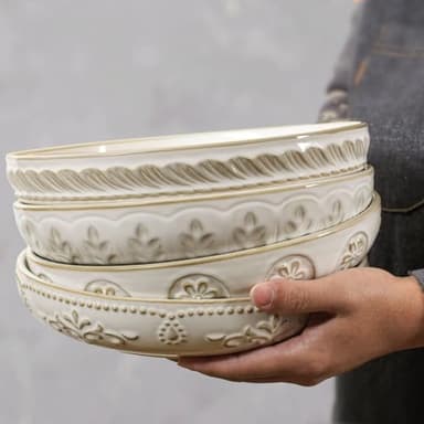 Artena Pasta Bowls, 50oz Large Salad Serving Bowls, 9.75'' Plates Bowls Set of 4, Big White Ceramic Soup Bowls for Kitchen, Embossment Shallow Dinner Bowl, Microwave Dishwasher Safe, Multiple Patterns - Image 8