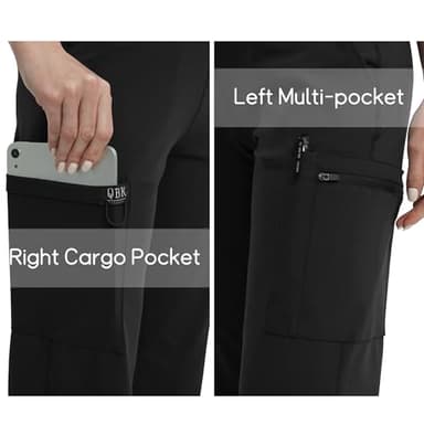 QBK High Rise Yoga Scrub Pants Women - Straight Wide Leg Uniform Pants with Cargo Pocket, Anti-Wrinkle & Knit Yoga Waistband (Regular, Black, L) - Image 5
