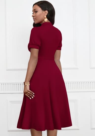 Womens Short Puff Sleeve V Neck Casual Semi-Formal Cocktail Party A-Line Dress - Image 4