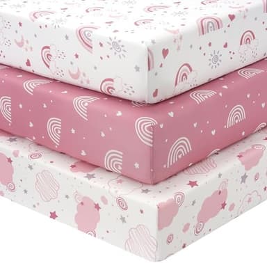 Baby Crib Sheets Girl, 3 Pack Toddler Bed Sheets Fitted for 52”x28” Standard Crib and Toddler Mattresses, Super Soft Microfiber Pink Rainbow - Image 3