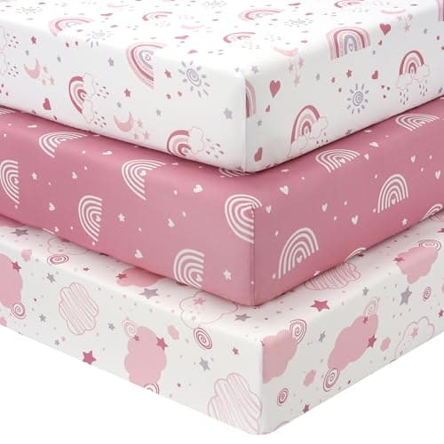 FIEMOL Baby Mini Crib Sheets Girl, Portable 38”x26” Pack and Play Sheets Fitted for Playard and Pack N Play Mattress, 3-Pack Soft Microfiber Pink Rainbow - Image 1