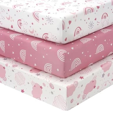 FIEMOL Baby Mini Crib Sheets Girl, Portable 38”x26” Pack and Play Sheets Fitted for Playard and Pack N Play Mattress, 3-Pack Soft Microfiber Pink Rainbow - Image 1