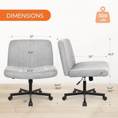 Orange Factory Criss Cross Chair Wheels Wide Cross Legged Office Desk Vanity Chair Comfy Fabric Armless Adjustable Swivel for Home Computer Task (Gray) - Image 2