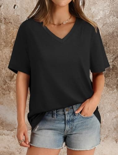 Womens Summer Tops Loose Fit Casual V Neck T Shirts Short Sleeve Tshirts Plus Size Blouses Black XXL - Image 6