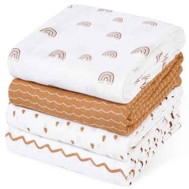 david's kids 4 Pack Baby Muslin Swaddle Blankets, 100% Cotton and Ultra Soft Breathable Receiving Blanket Wrap for Boys Girls, New Born Essentials, Large 47 x 47 inches, Rainbow/Wave - Image 1