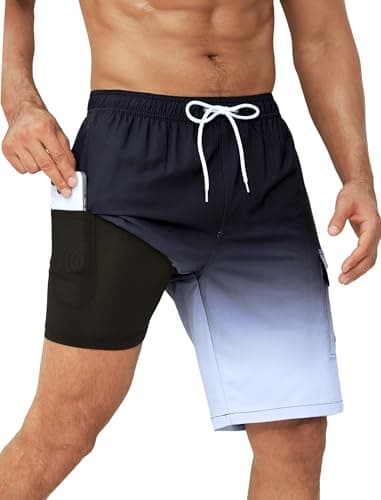 SILKWORLD Mens Swim Trunks 9" Swimming Shorts Quick-Dry Bathing Suits with Compression Liner and Cargo Pockets Gradient Black Grey Large - Image 1