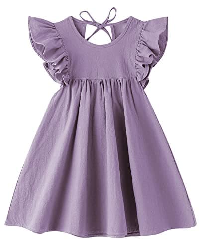 lymanchi Toddler Girl Cotton Linen Ruffle Halter Sleeveless Casual Kids Dresses 818 Purple 90 - Image 1