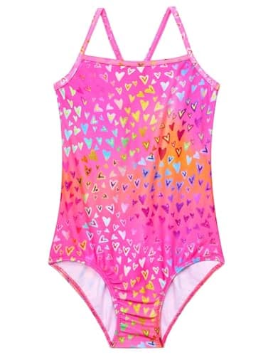 WhizBuzz Girls Swimsuit Size 3t 4t Neon Love Pink One Piece Sleeveless Bathing Suit Quick Dry Beach Swimwear - Image 1