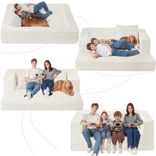 Cansunna Folding Bean Bag Chair for Adults,3-in-1 Bean Bag Couch Faux Fur Floor Sofa Large Beanbag Convertible Bean Bag Sofa Bed with Pillow in Bedroom,Living Room,Apartment(Queen,Milky White) - Image 1