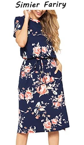 Womens Spring Pockets Modest Work Casual Midi Knee Length Dress Floral Navy XL - Image 2