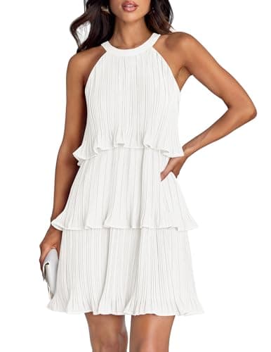 ZESICA Women's 2025 Summer Halter Dresses Sleeveless Ruffle Tiered Layered Chiffon Pleated A Line Swing Mini Dress,White,X-Large - Image 1