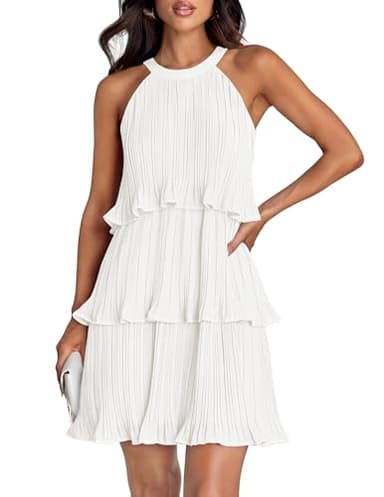 ZESICA Women's 2025 Summer Halter Dresses Sleeveless Ruffle Tiered Layered Chiffon Pleated A Line Swing Mini Dress,White,X-Large - Image 1