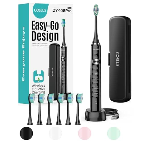 COSLUS Sonic Electric Toothbrush for Adults: 47000 VPM for Deep Cleaning & Whitening with Travel Case - 5 Modes for Sensitive Teeth & Braces, Wireless Charging, 6 Brush Heads for Home Family, Black - Image 1