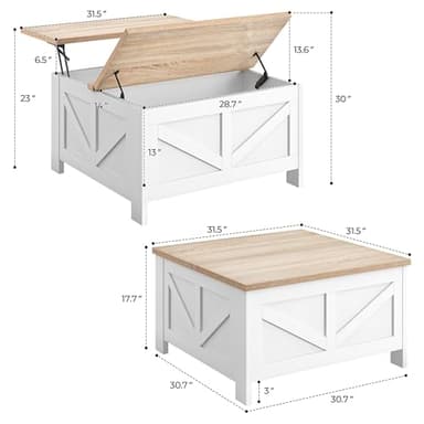 Yaheetech Farmhouse Lift Top Coffee Table with Storage, Square Coffee Table for Living Room, 31.5 Inches Center Tables with Large Hidden Storage Compartment for Home Office, White & Light Oak - Image 3