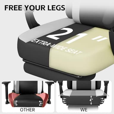 HapGIFT Computer Chair, Gaming Chairs with Footrest and Massage Lumbar Support, High Back Ergonomic Swivel Gamer Chair, Reclining Gaming Chairs with Armrests, Headrest for Adults, 300LBS (Black-Grey) - Image 5