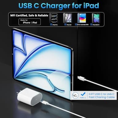 20W USB C Fast Charger for iPad Pro 13/12.9/11 inch, iPad A16/10th Generation, iPad Air 11/13 inch/5th/4th, iPad mini 6th/7th, iPad Charger Fast Charging Block with 6.6ft USB C to C Charger Cable - Image 2