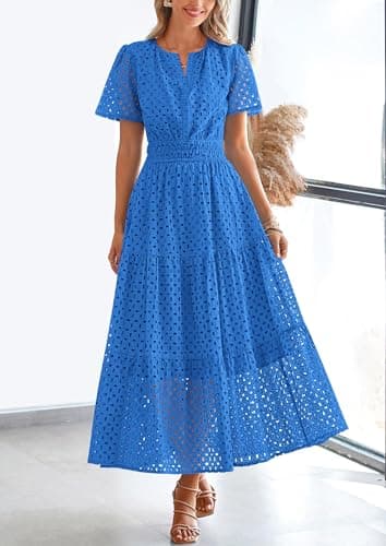 PRETTYGARDEN Womens 2025 Summer Maxi Dress Short Sleeve V Neck Hollow Out Eyelet A Line Long Flowy Beach Vacation Dresses (Blue,Large) - Image 7
