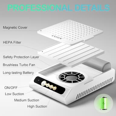 L'UGX Rechargeable Nail Dust Collector, Professional Brushless Turbo Dust Collector Nail Tech, Powerful Dust Suction Machine Manicure Pedicure Tool for Acrylic Nail Polishing, Low Noise, 2Pcs Filters - Image 8