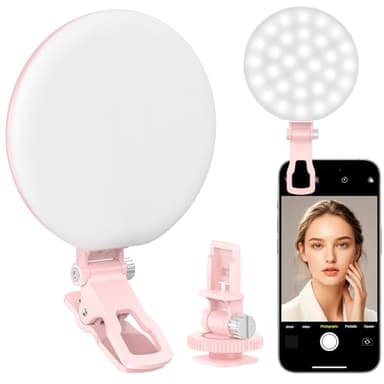 Anautin 60 LED Ring Light, Rechargeable Selfie With Front & Back Clip, 2500-6500K Portable Phone, Adjustable 3 Modes for iPhone, iPad, Tablet, Laptop, CRI97+, 90 Grams (Pink) - Image 1