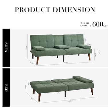 COLAMY Futon Sofa Bed-Fabric Small Couch, Small Lounge Convertible with 2 Cup Holders, Removable Soft Armrest, Adjustable Backrest for Dorm/Bedroom/College - Image 3