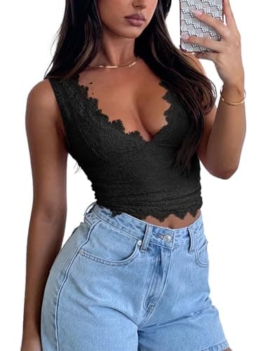 REORIA Womens Summer Tops Sexy V-Neck Sleeveless Double Lined Fashion Going Out Y2K Tank Tops Trendy Lace Slimming Crop Tops for Teen Girls Black Large - Image 4