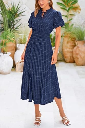 PRETTYGARDEN Summer Long Dresses for Women Puff Short Sleeve V Neck Swiss Dot Pleated A Line Casual Flowy Party Midi Dress (Navy,Large) - Image 5