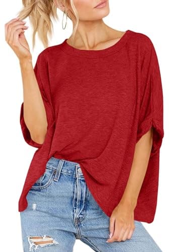 Women Oversized T-Shirt Summer Casual Short Sleeve Loose Tee Tops Dark Red - Image 3