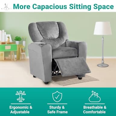 Naomi Home Suri Kids Recliner Chair with Cup Holder & Footrest, Gray Microfiber - Cozy Lounge for Toddlers & Children - Image 9