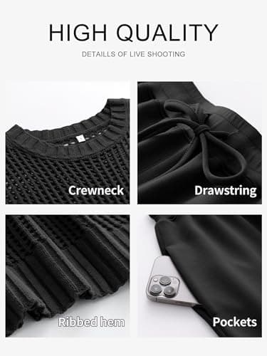 ANRABESS Women Two Piece Outfits Crochet Sheer Knit Sweater Top Wide Leg Pants Lounge Matching Sets Sweatsuit Travel Clothes Black Medium - Image 6