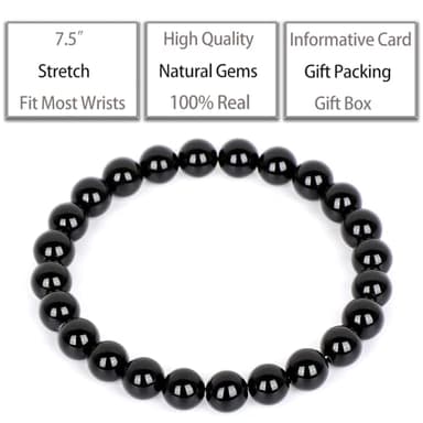 QOGIR Black Onyx Bracelet - Protecting Bracelet for Women Men - Handmade Natural Gem Stone Beaded Stretch Elastic Healing Bracelets 8mm - Image 3