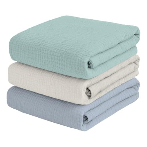 Muslin Swaddle Blankets for Newbron, Receivig Blankets for Boys, Large 47x47 Inch Soft Brethable Lightweight Cotton Blankets, 3 Pack, (Green, Cream White, Blue) - Image 1