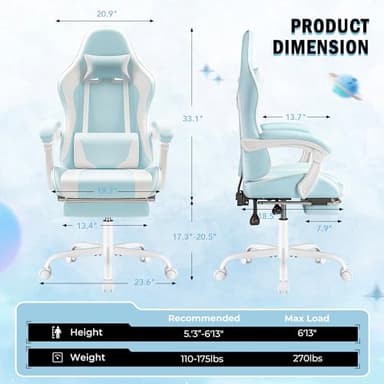 Homall Gaming Chair, Video Game Chair with Footrest and Massage Lumbar Support, Ergonomic Computer Chair Height Adjustable with Swivel Seat and Headrest (Light Blue) - Image 3