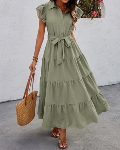 dowerme Women's Summer Casual Dresses 2025 Cap Ruffle Sleeve V Neck Button Belted Tiered Boho Maxi Dress with Pockets(Grey Green,Medium) - Image 2
