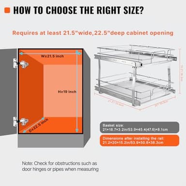VEVOR 2 Tier 18.7"Wx21"Dx3.2"H Pull Out Cabinet Organizer, Heavy Duty Slide Out Pantry Shelves, Steel Roll Out Drawers, Sliding Drawer Storage for Home, 21.5"Wx22.5"Dx19"H Install Size for Cabinet - Image 3